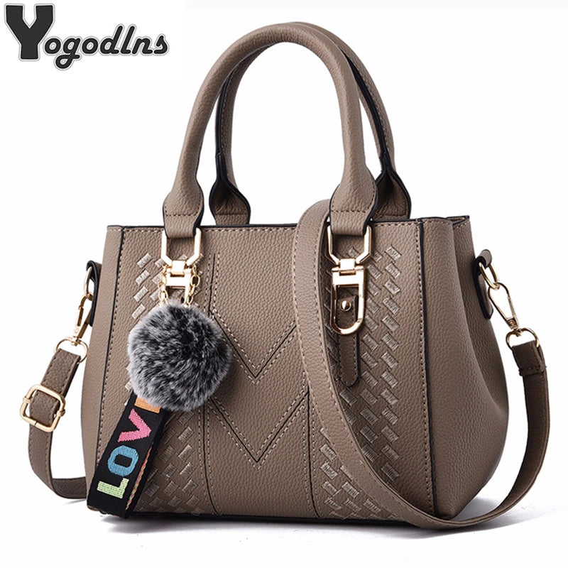 YOGODLNS Women's Embroidery Messenger Bag Leather Handbag Satchel with Fur Hair Ball Accessory