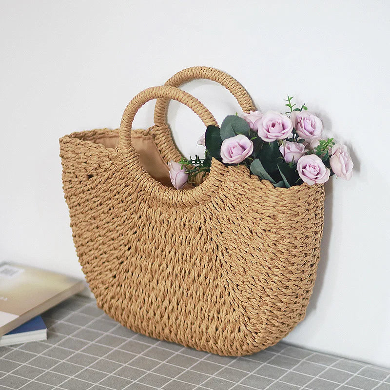 Moon-Shaped Handmade Straw Beach Bag Boho Chic Summer Tote for Women Travel & Holidays