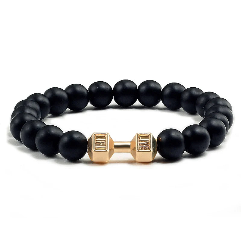 Natural Lava Stone Bead Bracelet for Men & Women with Dumbbell Charm Fitness Jewellery