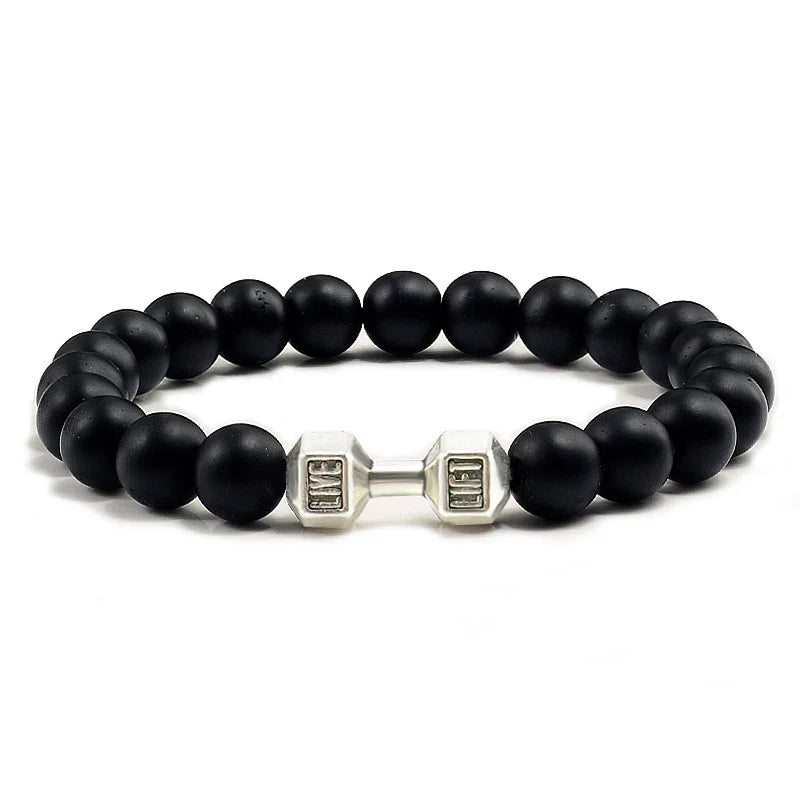 Natural Lava Stone Bead Bracelet for Men & Women with Dumbbell Charm Fitness Jewellery