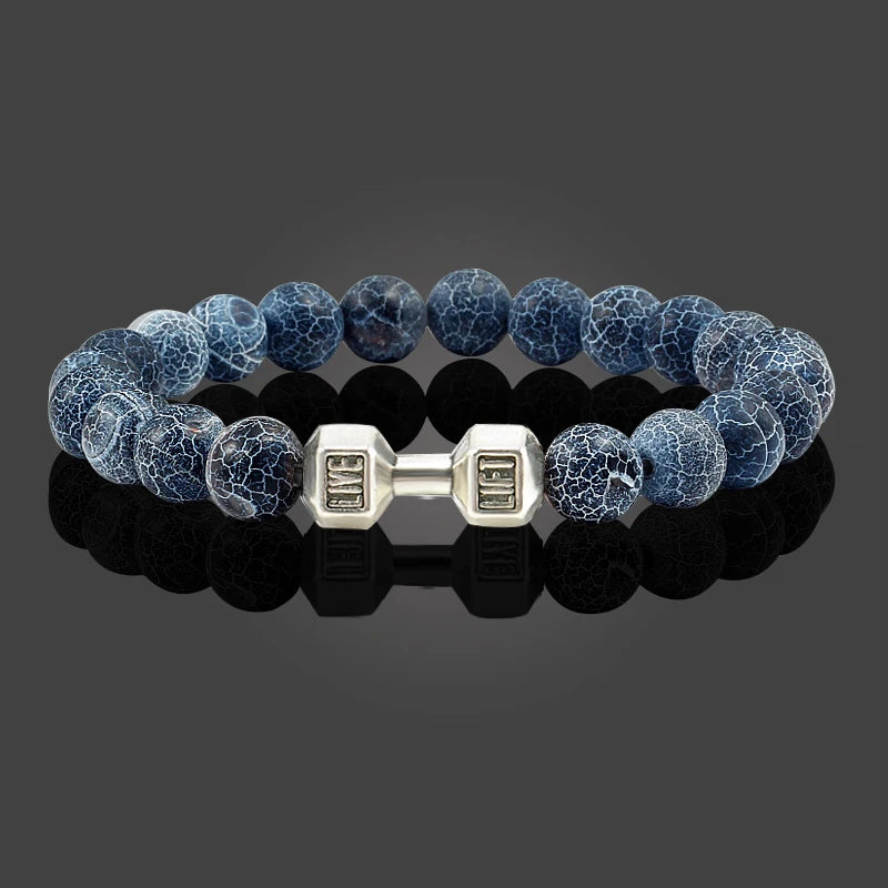 Natural Lava Stone Bead Bracelet for Men & Women with Dumbbell Charm Fitness Jewellery