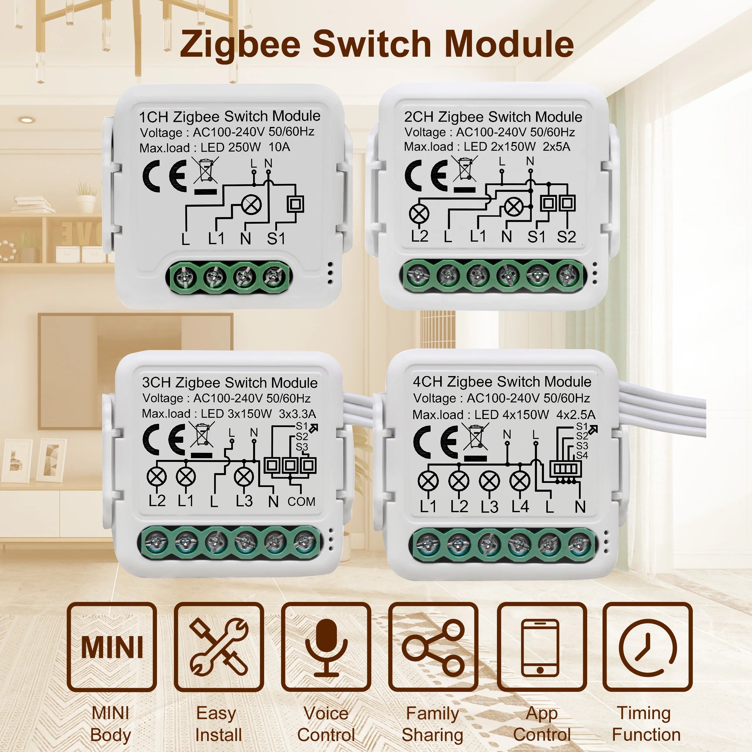 GIRIER ZigBee Smart Light Switch Module 4 Gang DIY Relay Works with Alexa or Google Home