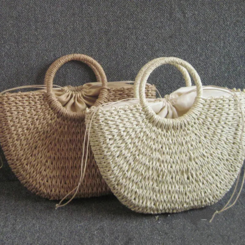 Moon-Shaped Handmade Straw Beach Bag Boho Chic Summer Tote for Women Travel & Holidays