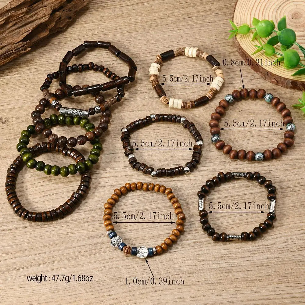 10pcs Bohemian Beaded Bracelets for Vintage Wooden Multi Layer Life Tree Punk Accessory Gift Set