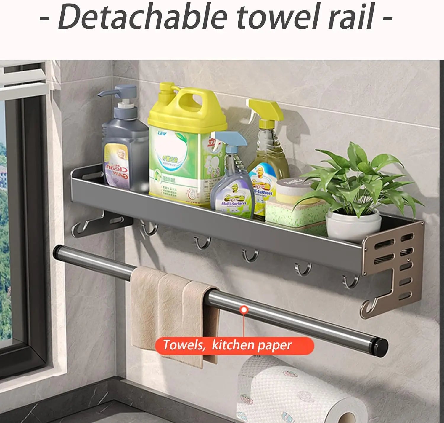 Wall Mount Utensil Holder Kitchen Storage Shelf with Hooks Spice Rack Organiser Stainless Steel