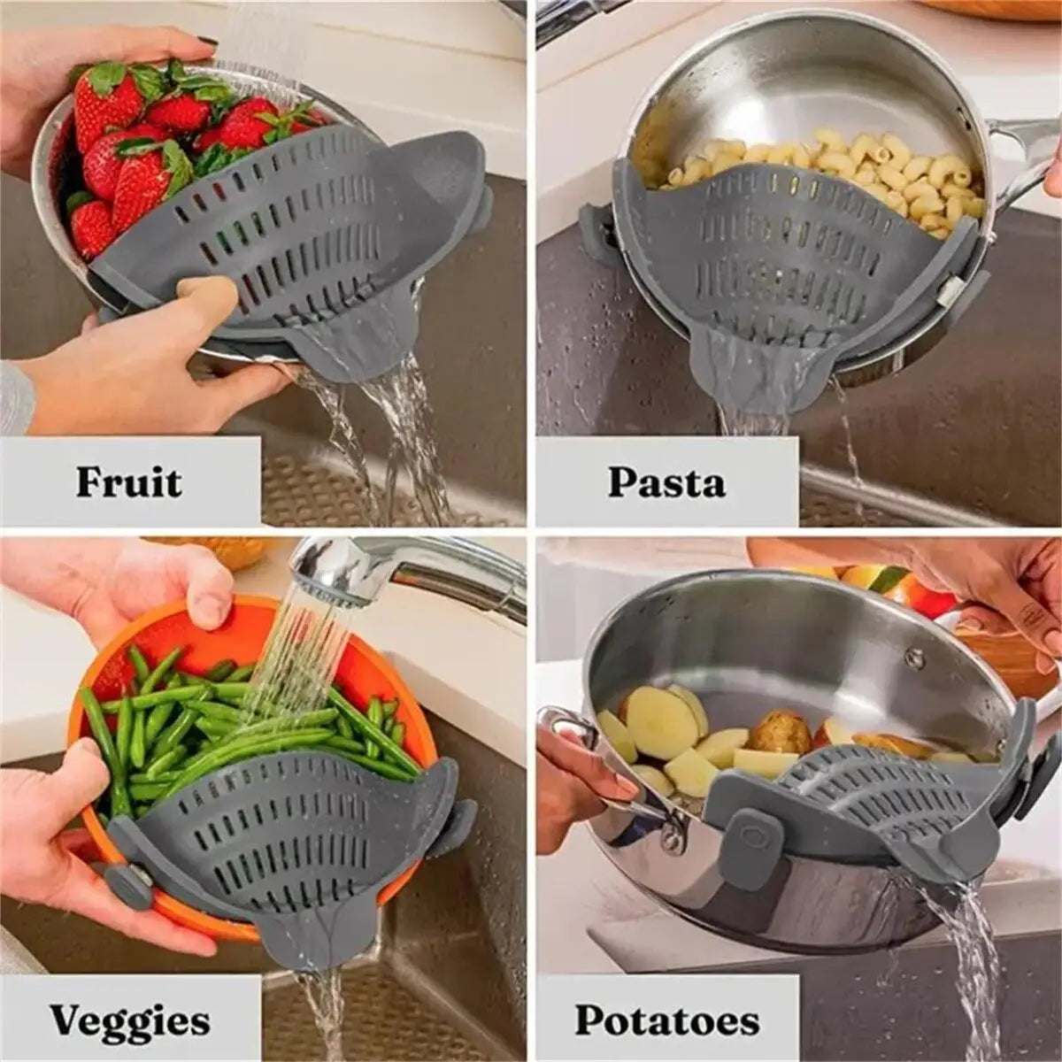 Adjustable Clip On Stainless Steel Pot Strainer for Pots Pans and Bowls Kitchen Draining Tool