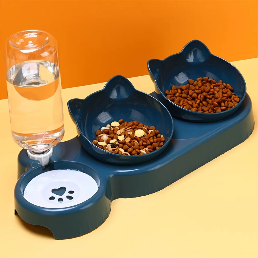 3 in 1 Tilted Cat Bowl Set with Gravity Water Bottle Feeder for Neck Protection | No Brand Name