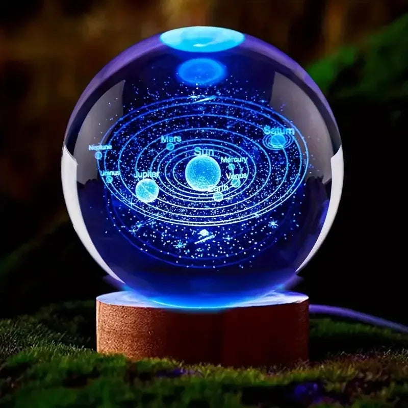 3D Crystal Ball Solar System Night Light 8cm Laser Engraved Glass Planet Globe Desk Lamp