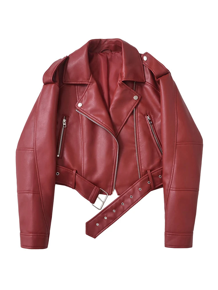 Women’s Chic Faux PU Leather Biker Jacket Belted Zip Moto Short Lapel All Seasons Wear