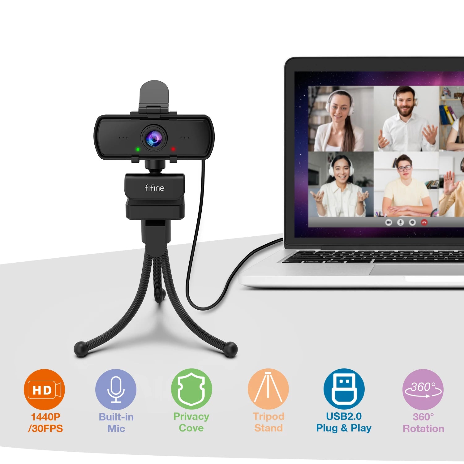 FIFINE K420 1440p Full HD USB Webcam with Microphone, Wide Angle Lens & Tripod for PC Laptop