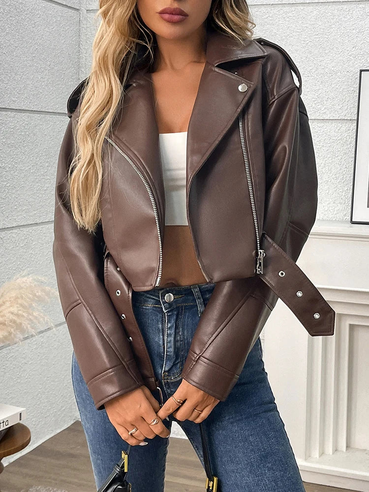 Women’s Chic Faux PU Leather Biker Jacket Belted Zip Moto Short Lapel All Seasons Wear