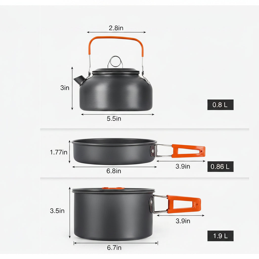 Camping Cookware Set for 2–3 People with Non-Stick Pots Pan and Teapot for Outdoor Cooking