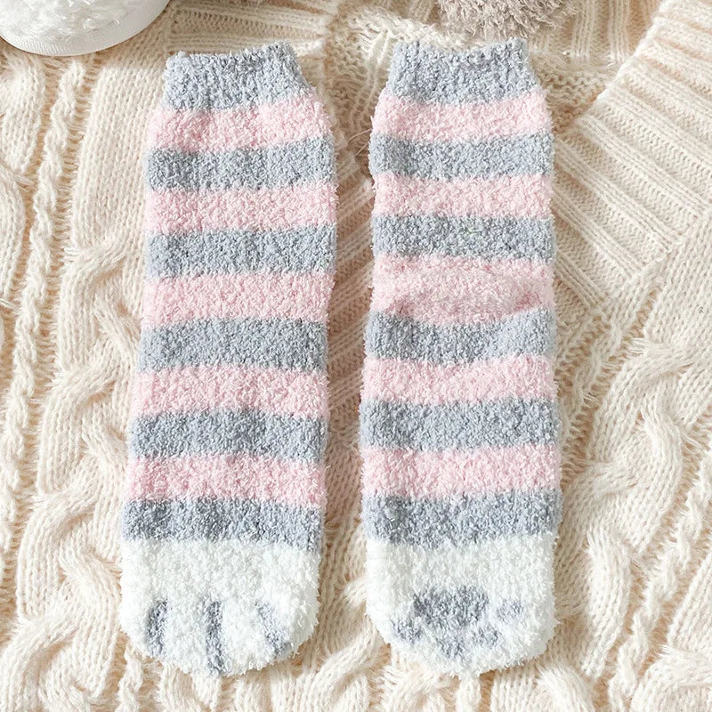 Autumn Winter Coral Velvet Cat Claw Socks – Warm Middle Tube Sleep & Floor Socks for Women Girls