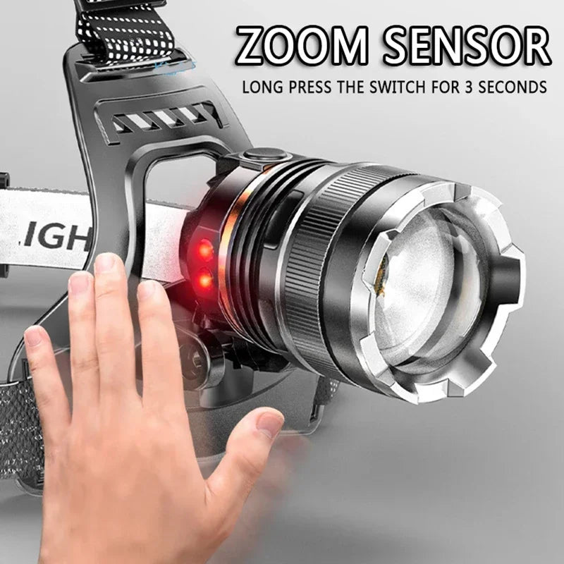 Powerful LED headlamp rechargeable XHP50 sensor zoom high lumen fishing camping outdoor light