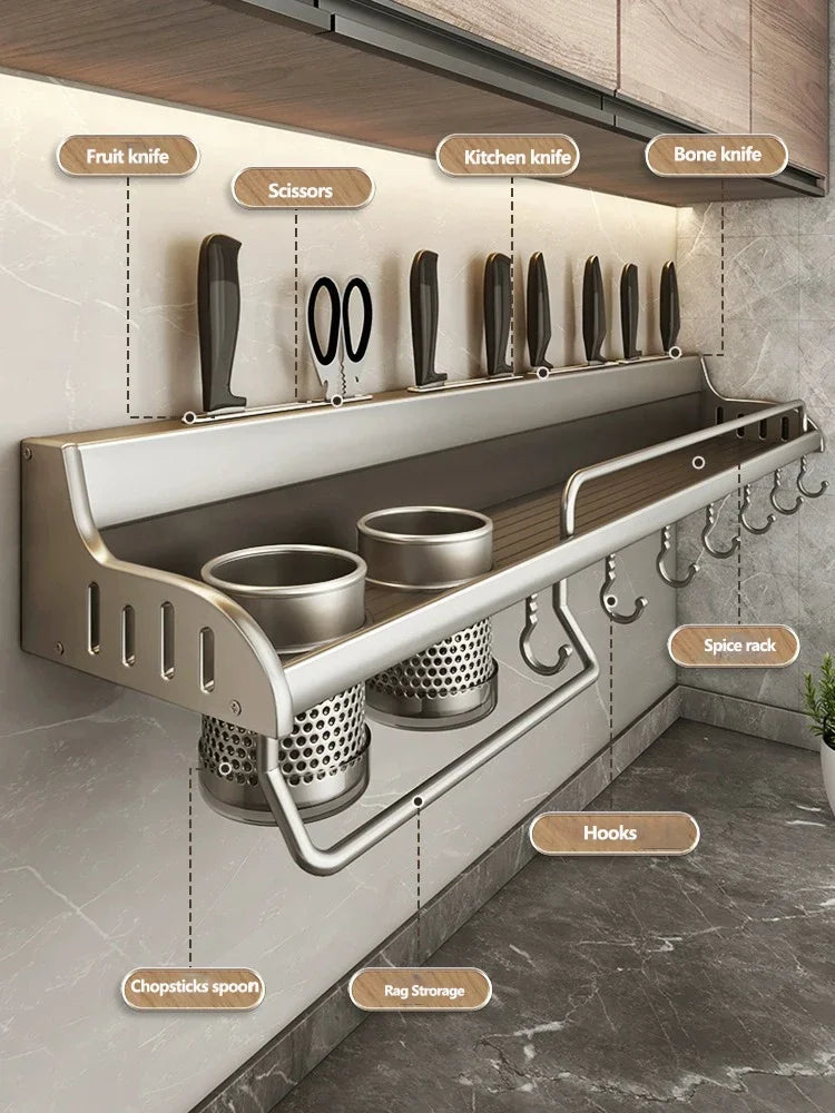 Multifunctional Kitchen Storage Rack Wall-Mounted Spice Holder Cutting Board & Utensils Organiser