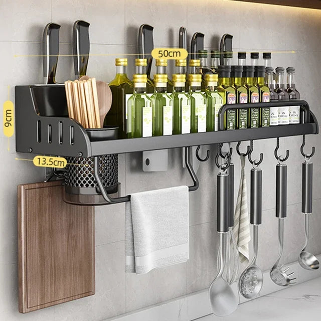 Multifunctional Kitchen Storage Rack Wall-Mounted Spice Holder Cutting Board & Utensils Organiser