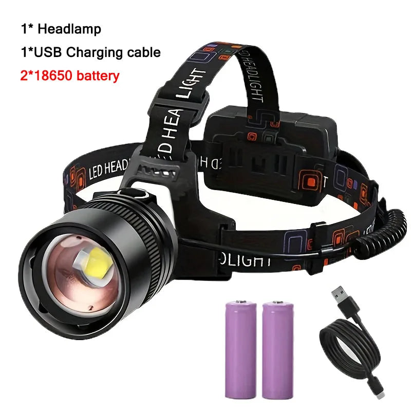 Rechargeable LED Headlamp High Lumen Zoom USB Camping Hiking Fishing Hunting Light
