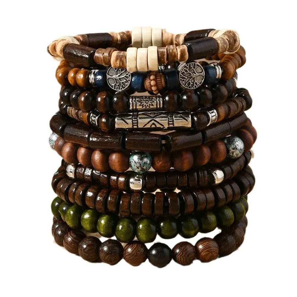 10pcs Bohemian Beaded Bracelets for Vintage Wooden Multi Layer Life Tree Punk Accessory Gift Set