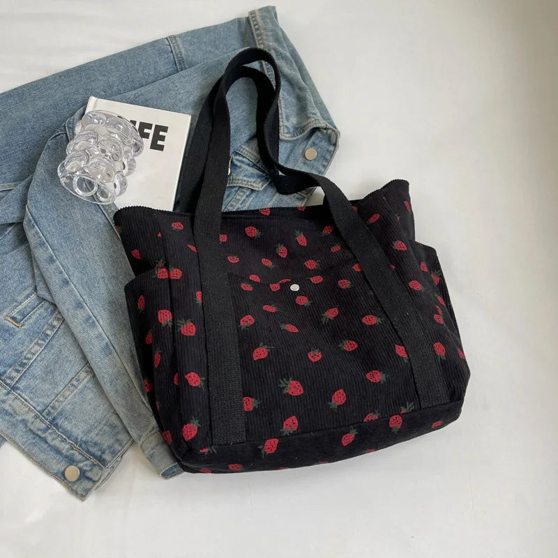 Women’s Corduroy Fruit Print Shoulder Bag Casual Soft Satchel Underarm Commuter Handbag NZ