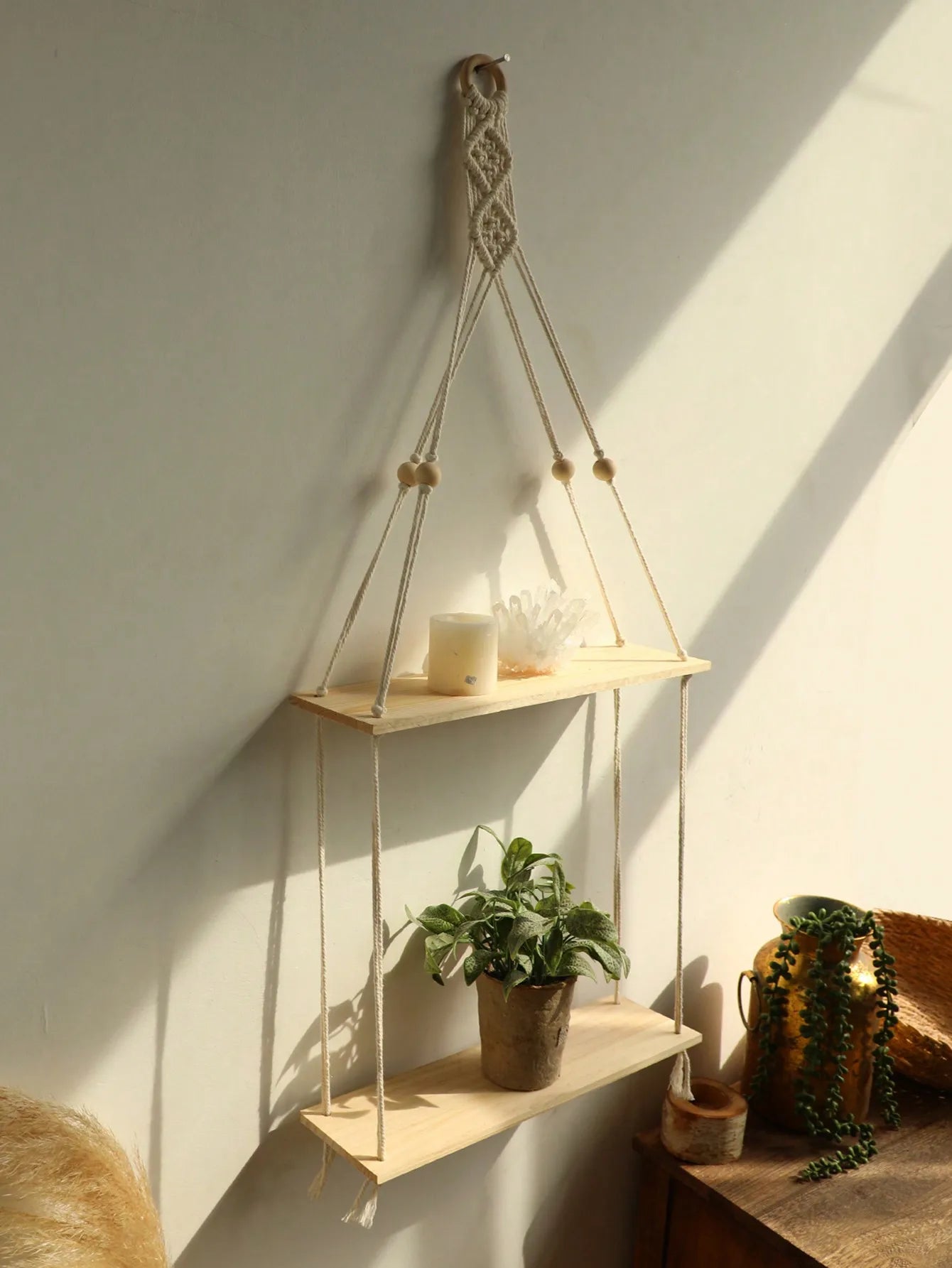 Macrame Hanging Shelf Wall Decor Rustic Wood Rope Floating Plant Holder Boho Photo Display Decor