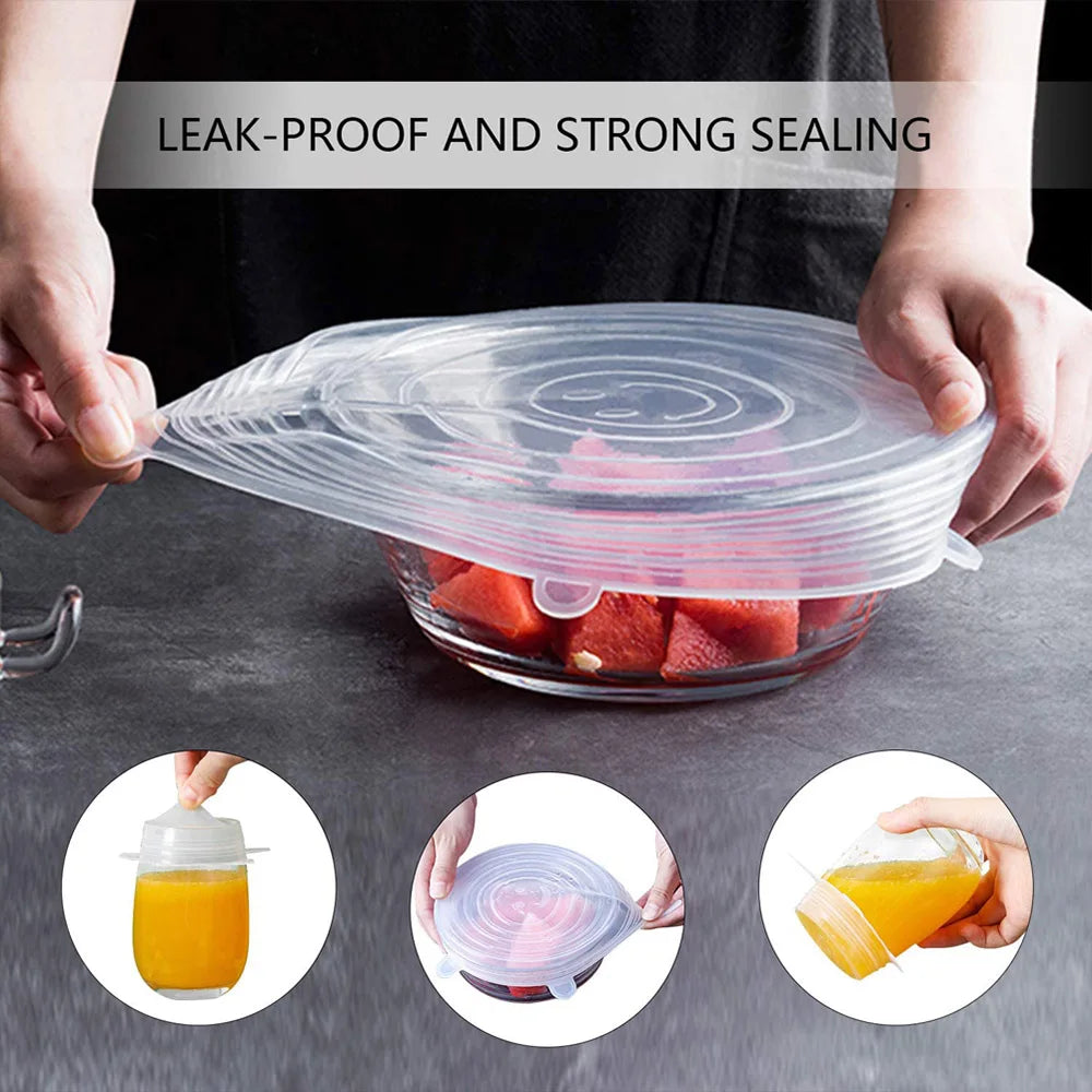 REUSABLE SILICONE LIDS 6PCS for Bowls Cans Food Storage Fresh-Keeping Kitchen Gadget Accessory