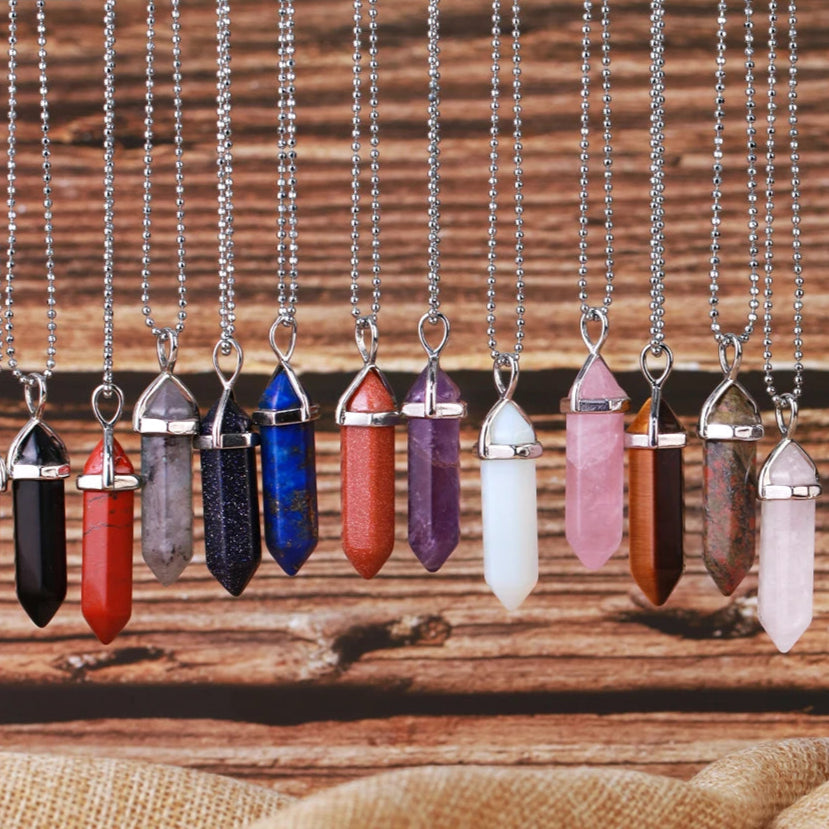 Natural Gemstone Hexagonal Bullet Necklace Quartz Crystal Pendant Chakra Healing Reiki Jewellery
