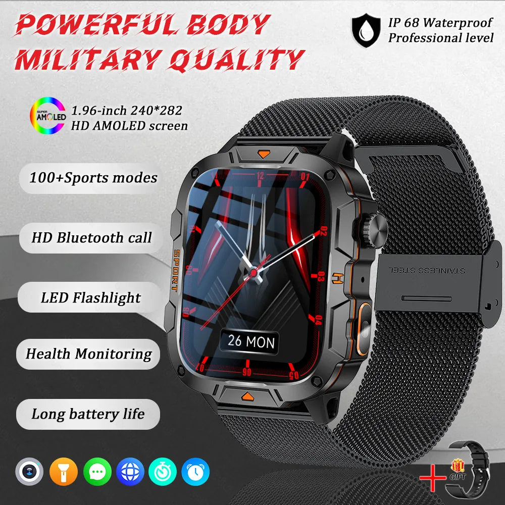 GUHUAVMI Military Grade Smart Watch 1.96in AMOLED Bluetooth Call 5ATM Fitness Tracker 2025