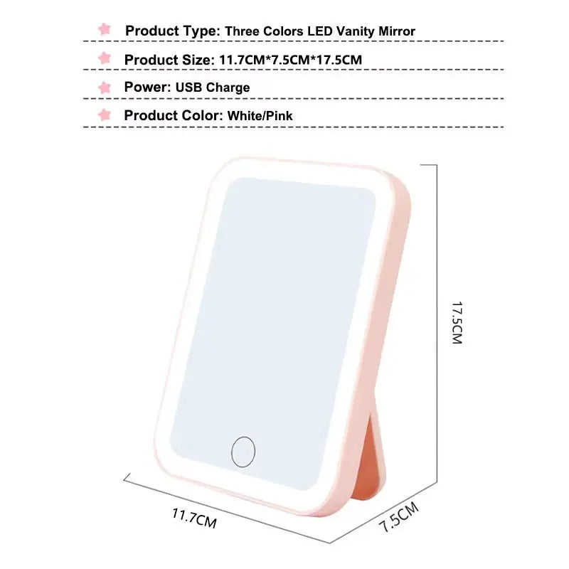 LED Vanity Mirror Portable 3 Colours Touch Screen USB Rechargeable Dimmable Makeup Mirror