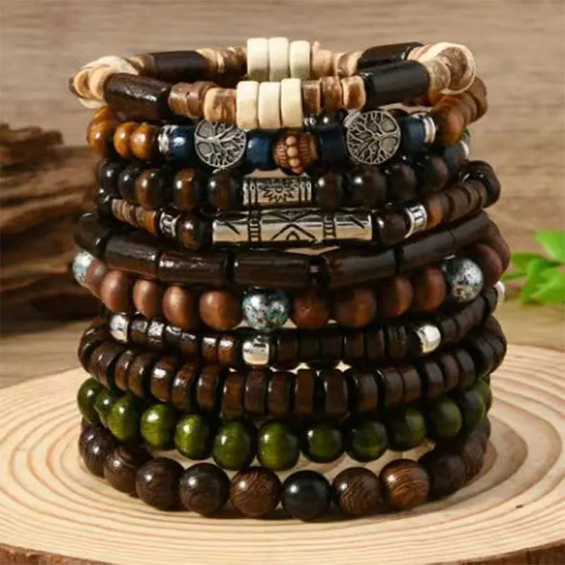 10pcs Bohemian Beaded Bracelets for Vintage Wooden Multi Layer Life Tree Punk Accessory Gift Set