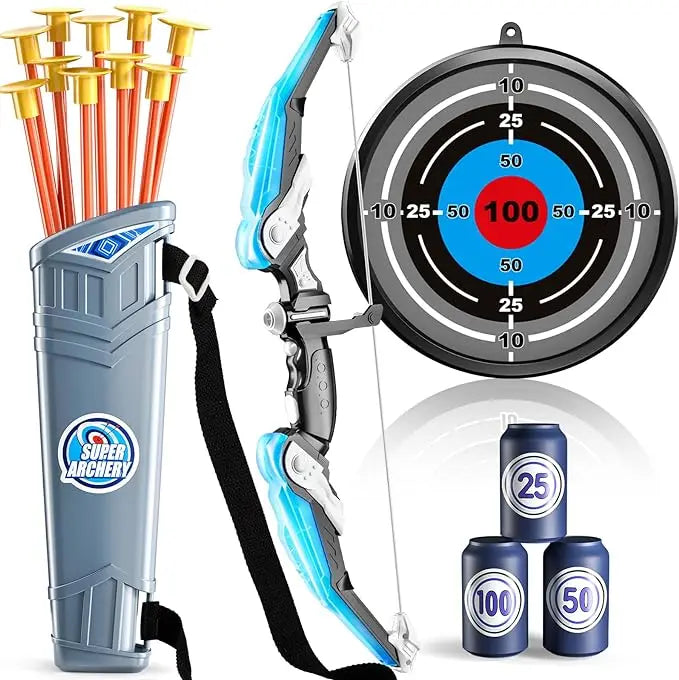 Kids Bow and Arrow LED Light Up Archery Toy Set with Target & 10 Suction Arrows for Children