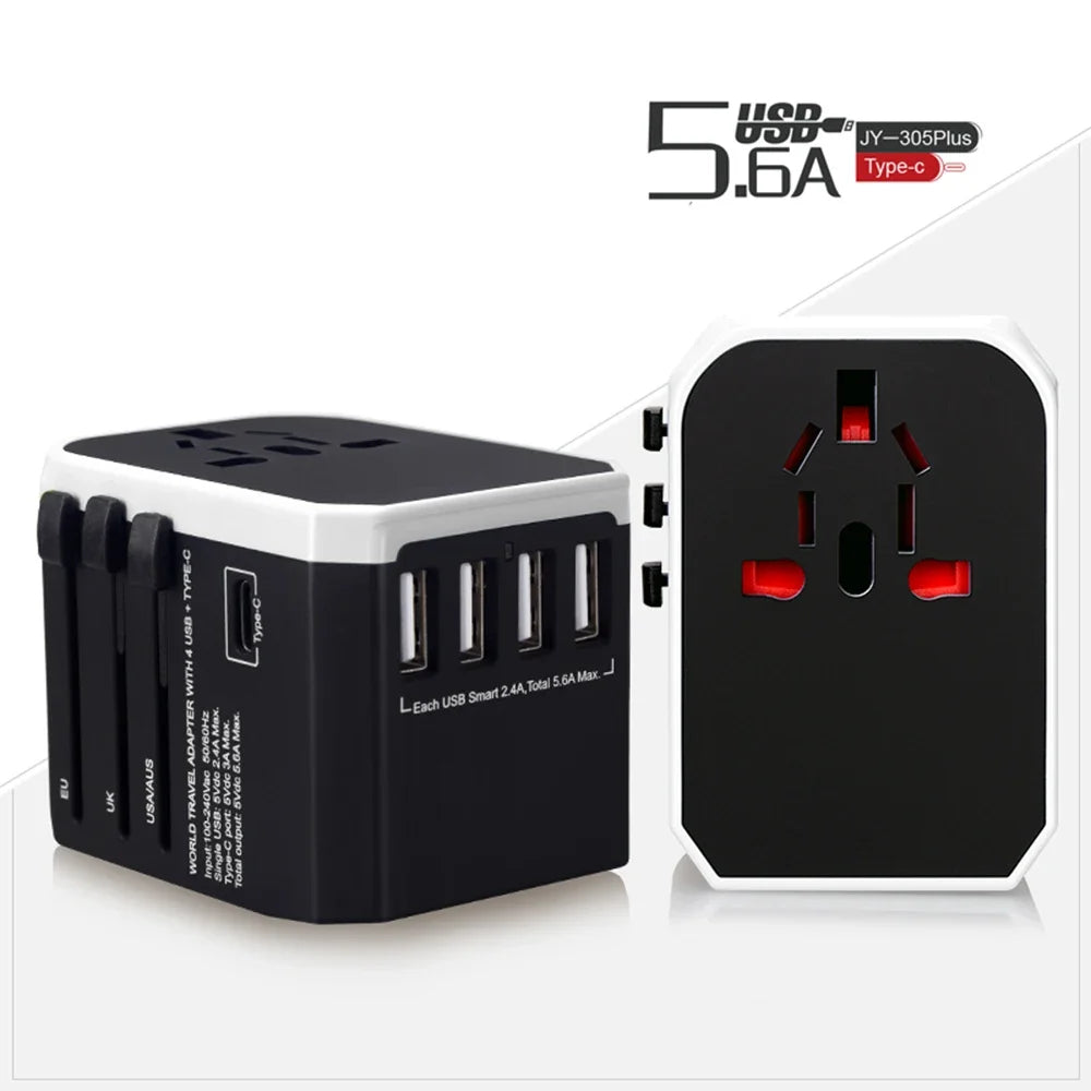 MELERY Universal Travel Adapter with USB Type-C Fast Charger for US EU UK AU Plugs – 5 Ports