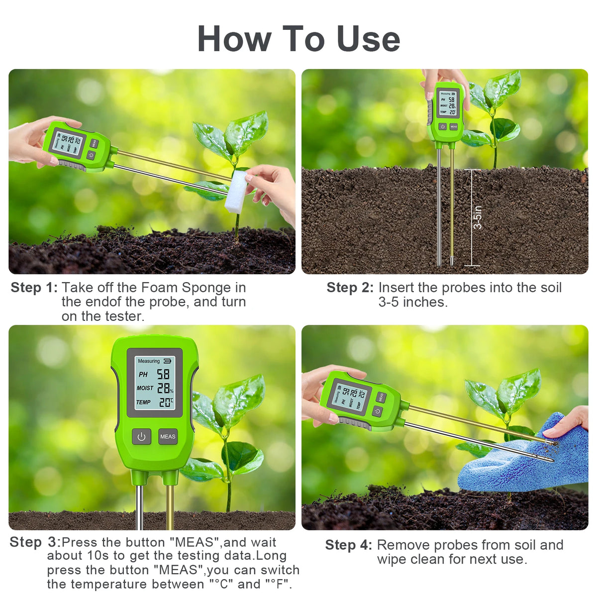 3 in 1 Digital Soil Tester PH Moisture Temperature Meter with LCD Backlight for Plants Garden Lawn