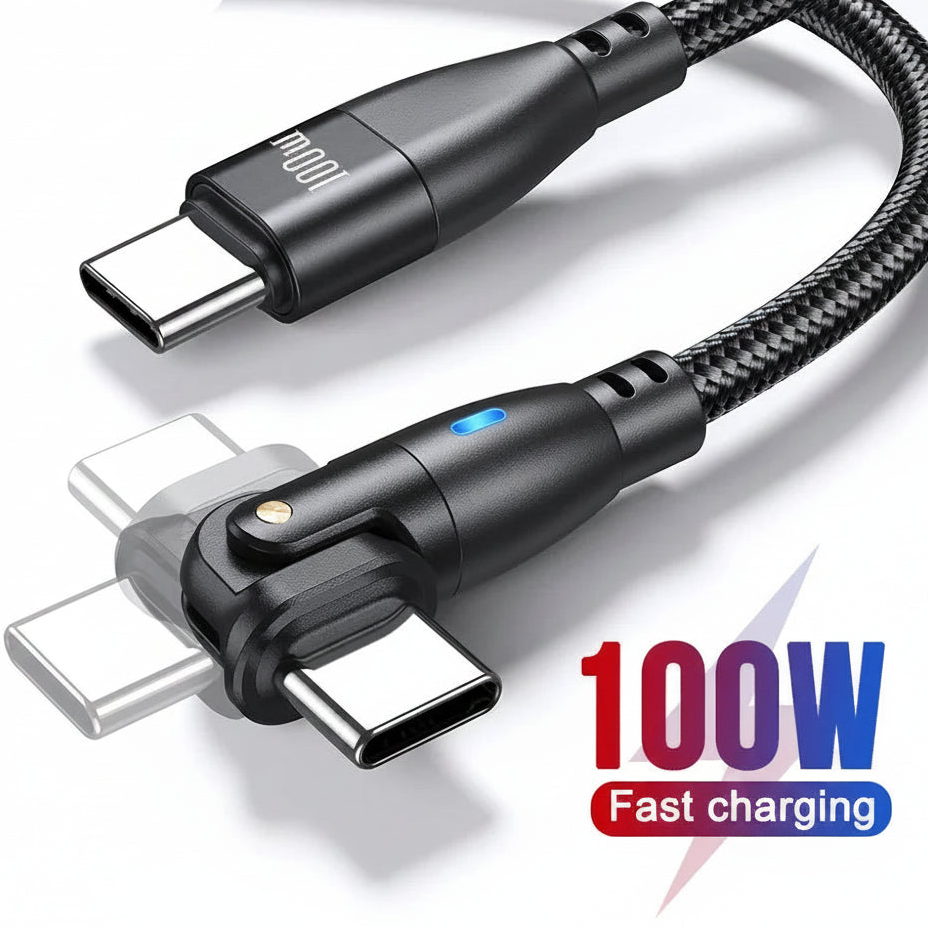 100W USB C to USB C Fast Charging Cable 180° Braided PD Charger Cord with LED Indicator 5A