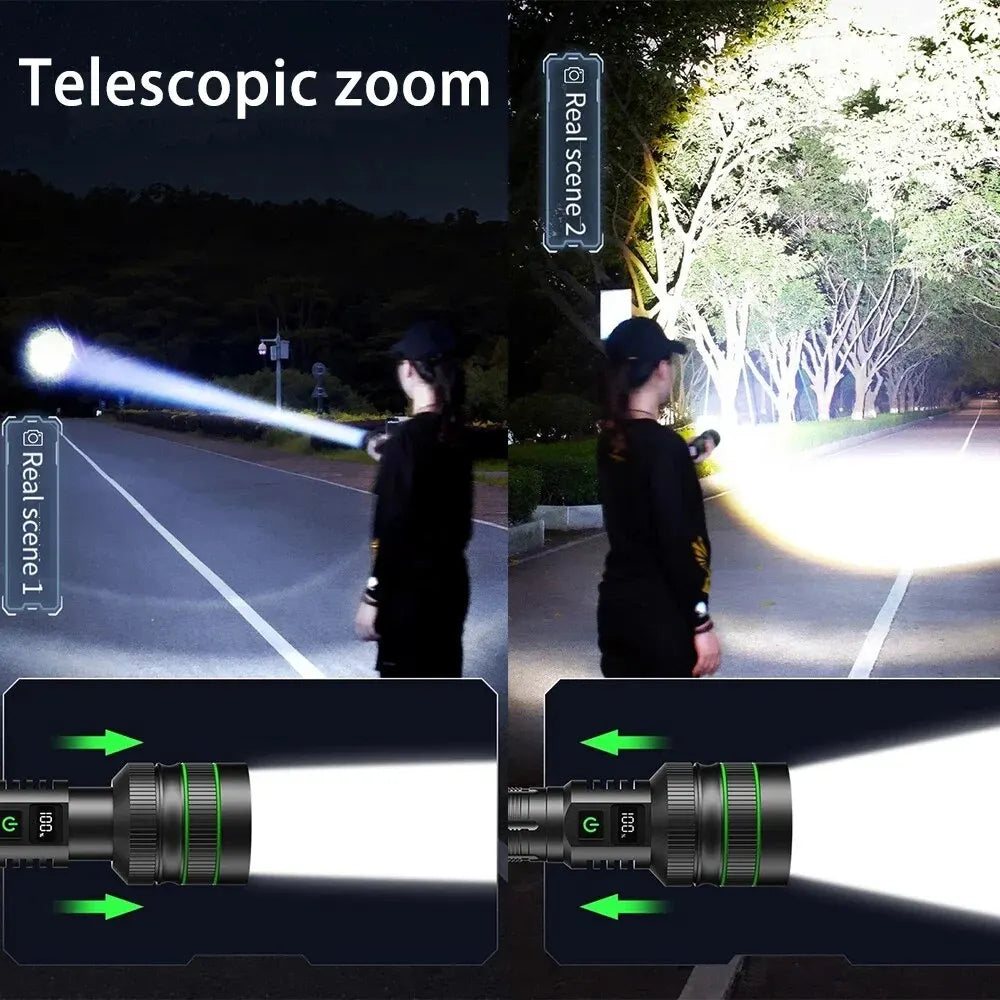 Most Powerful Long-Shot Led Flashlight – Zoomable Camping Torch With Built-In 26650 Battery & High Power