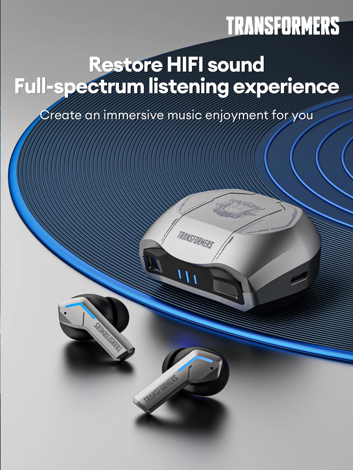 Transformers TF-T06 Bluetooth earbuds with advanced sound and immersive listening experience on blue background.