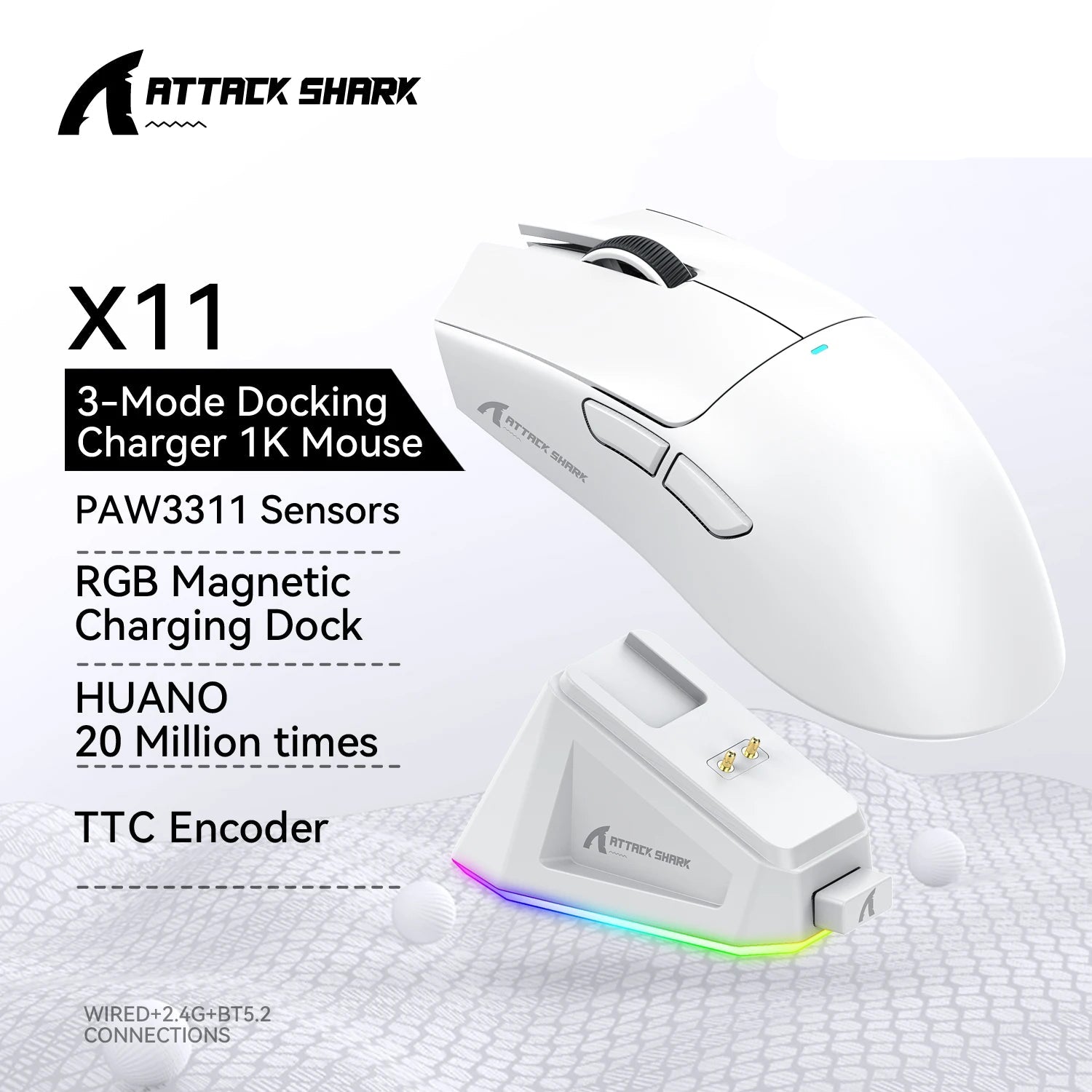 ATTACK SHARK X11 Wireless Gaming Mouse 22000DPI RGB Lightweight Tri-Mode with Charging Base