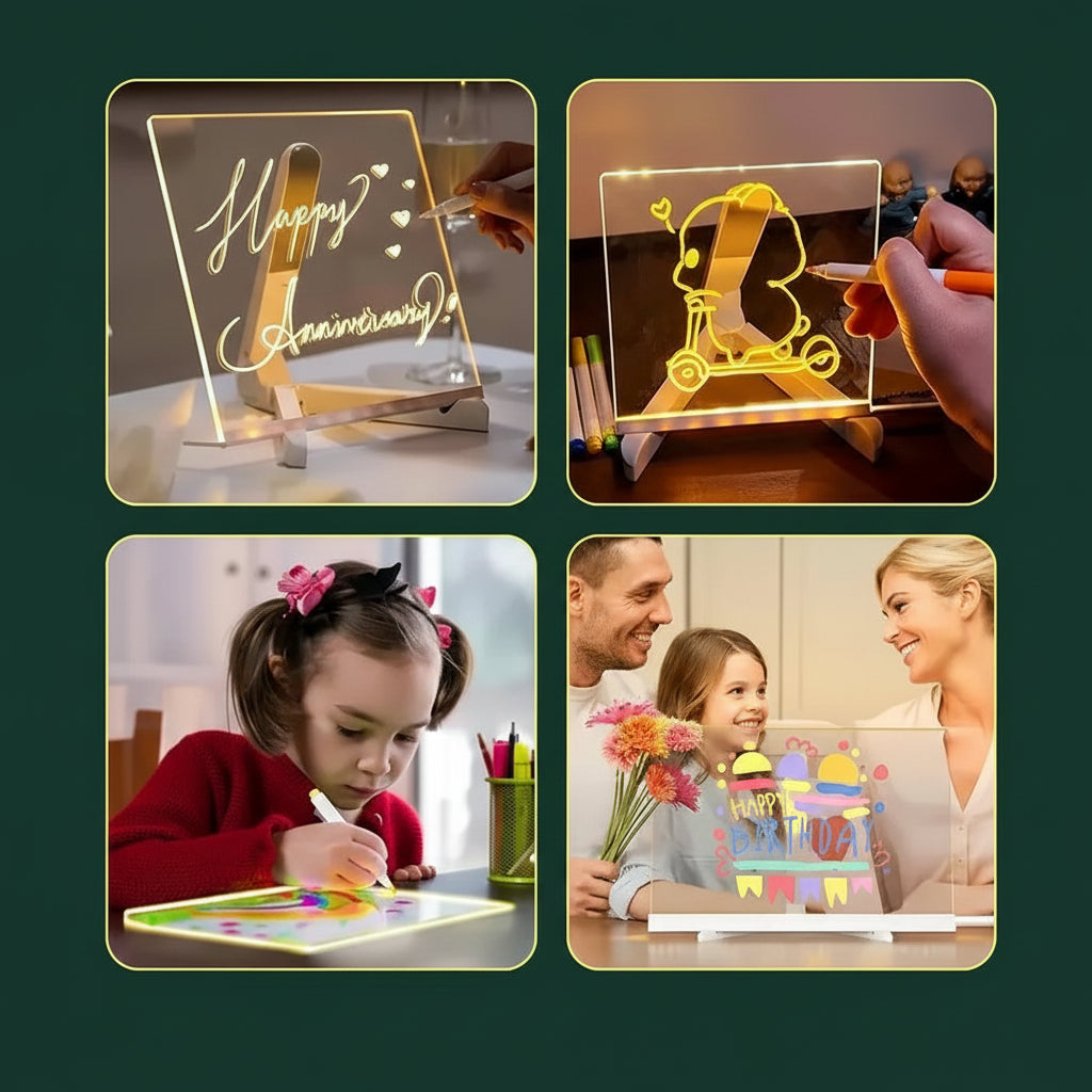 Magic LED glow drawing board for kids with acrylic memo pad, 7 colour markers pens and stand