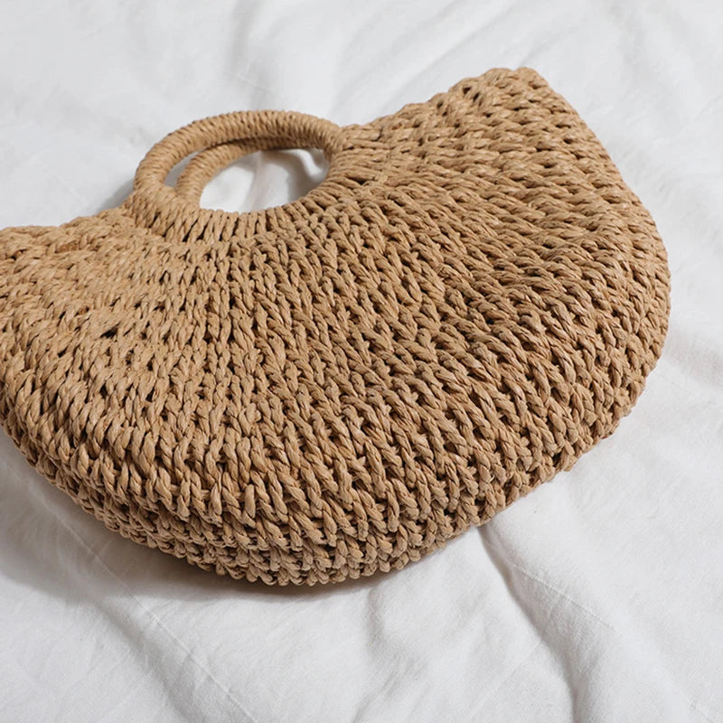 Moon-Shaped Handmade Straw Beach Bag Boho Chic Summer Tote for Women Travel & Holidays