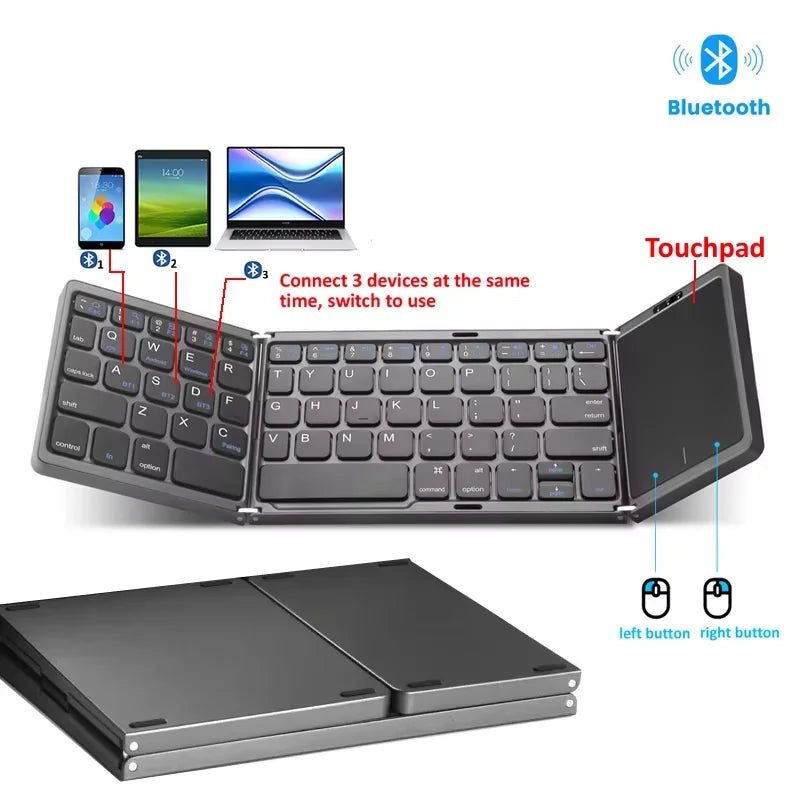 3-Folding Mini Wireless Keyboard with Touchpad Bluetooth for Windows iOS Android Tablet Compact