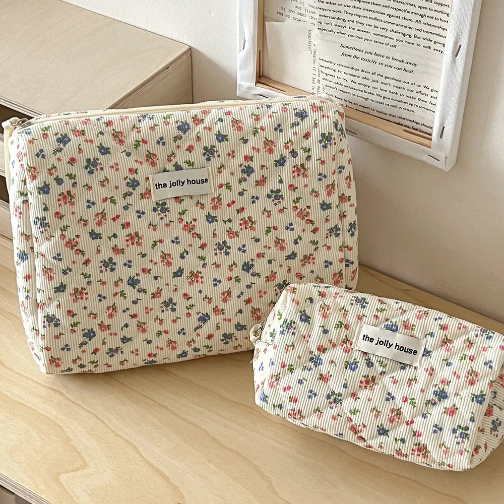 Vintage Floral Women Makeup Bag – Cotton Tote, Quilted Travel Organizer with Zipper Closure