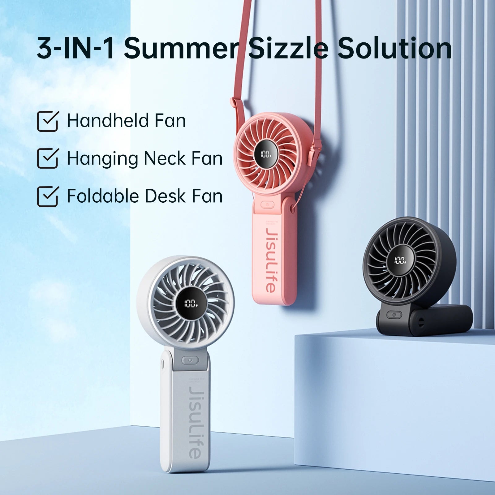 JISULIFE Portable Handheld Fan with LED Display, 5000mAh Battery, 5 Speed Modes, Foldable 3-in-1