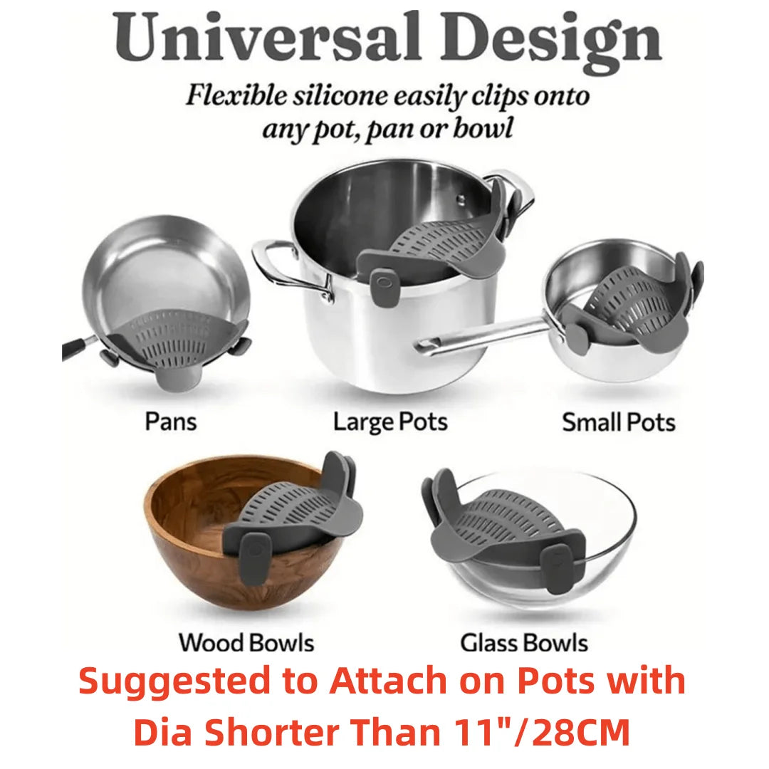 Adjustable Clip On Stainless Steel Pot Strainer for Pots Pans and Bowls Kitchen Draining Tool