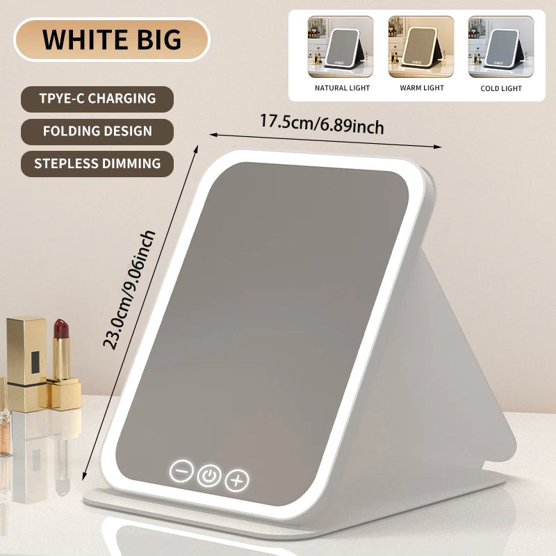 LED Makeup Mirror 3-Colour Dimmable Touch Screen Foldable Rechargeable Tabletop Travel Home