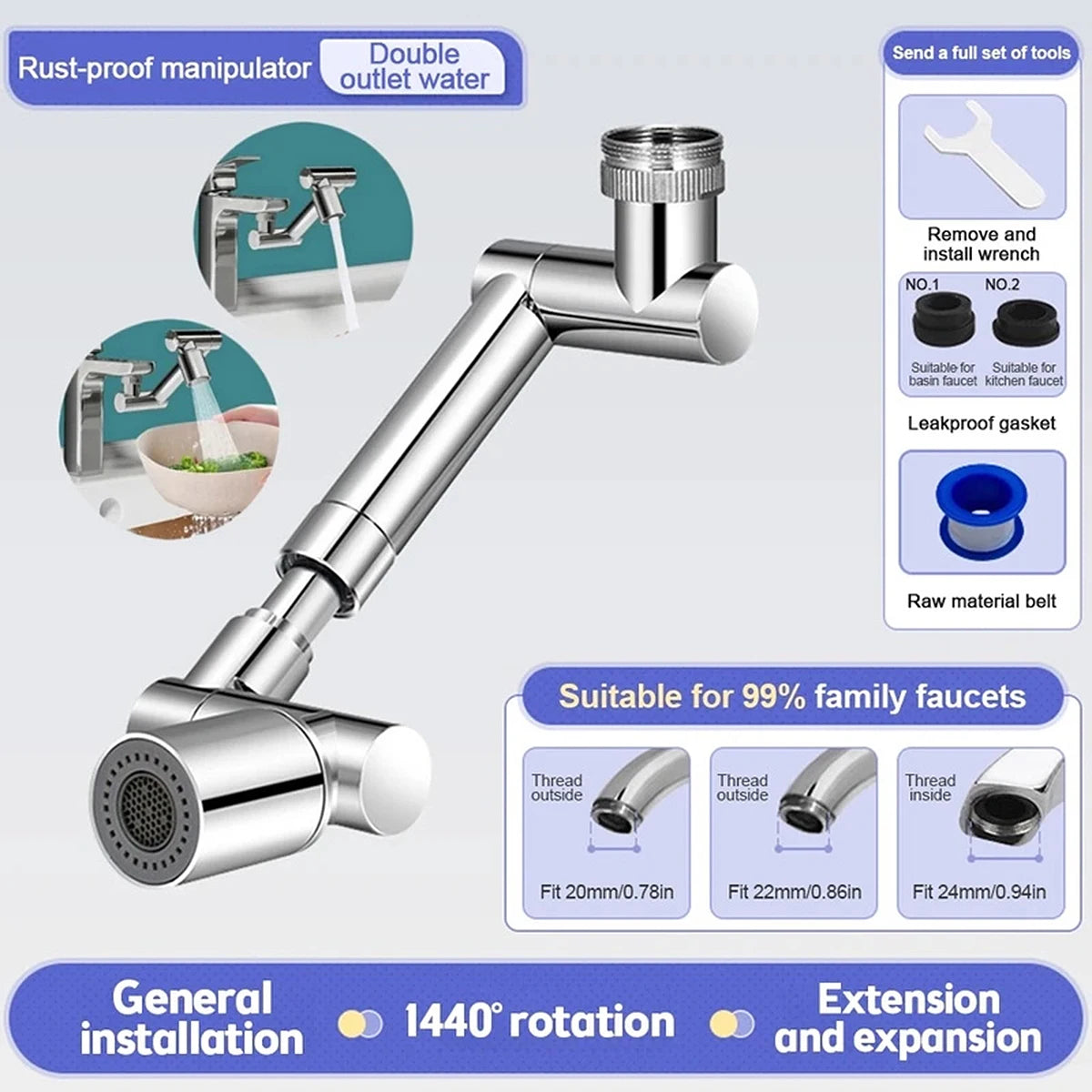 Retractable 1440° Swivel Robotic Arm Faucet Extender with Dual Water Flow Modes for Kitchen Sink