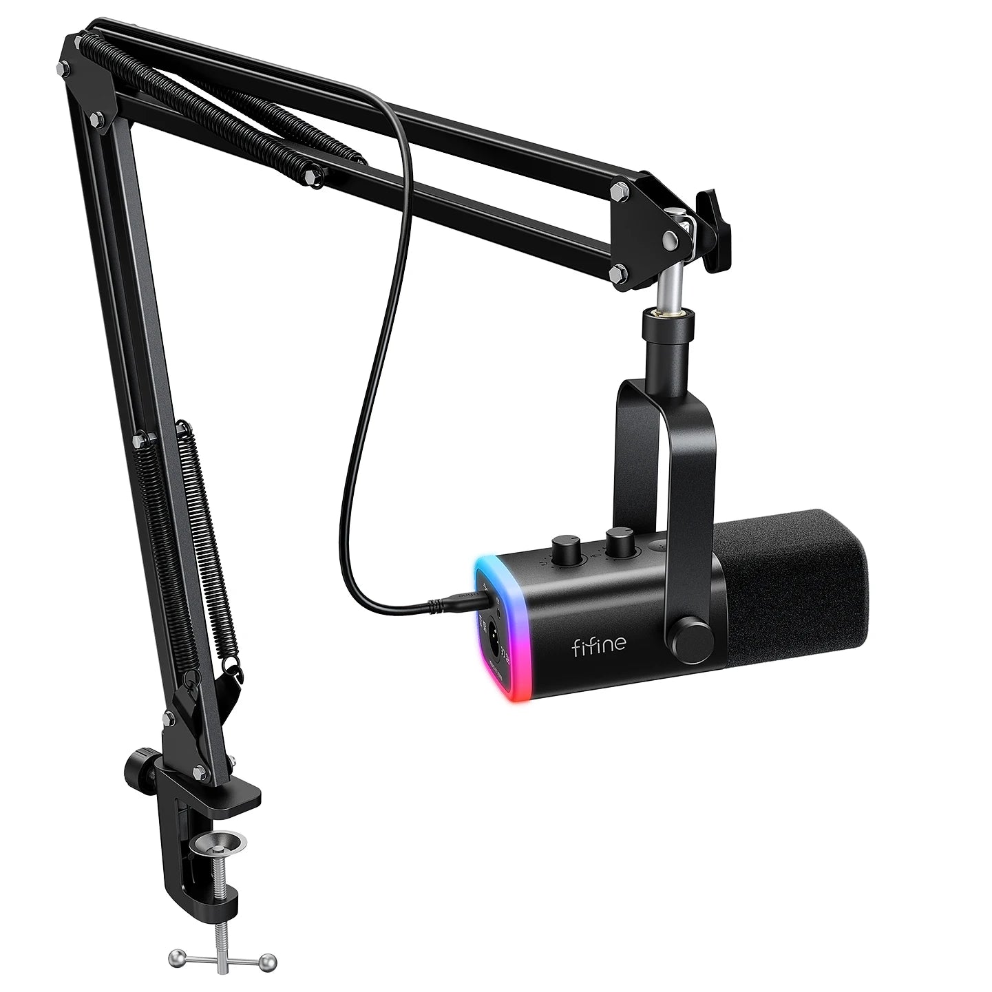 FIFINE AmpliGame AM8T USB/XLR Dynamic Gaming Microphone Kit RGB Boom Arm for PC PS5 Streaming