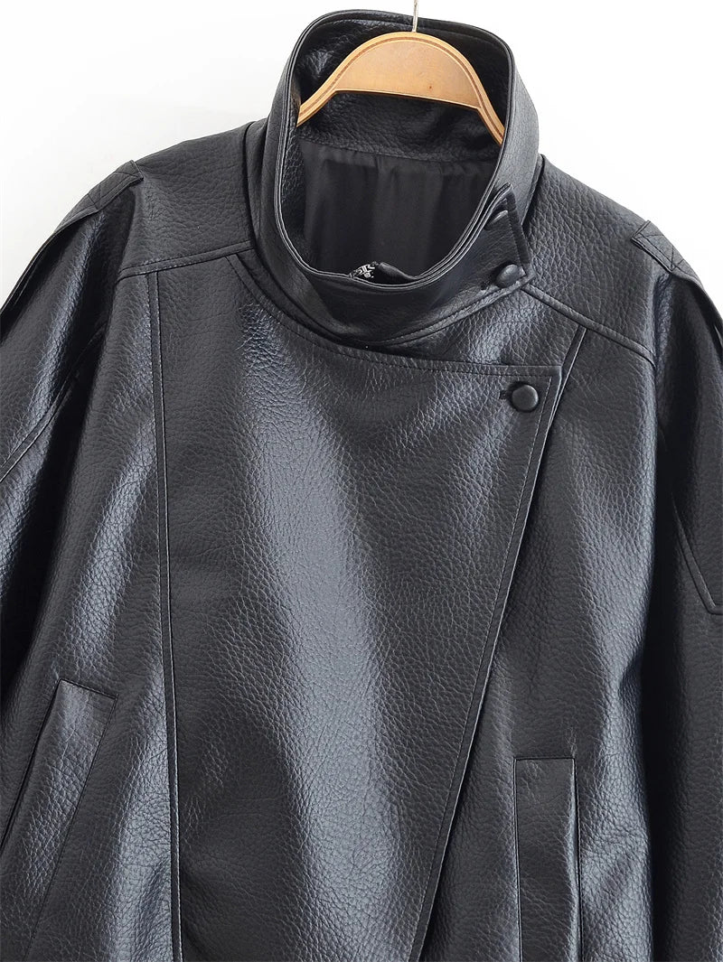 Women’s Black Pebble Faux Leather Motorcycle Jacket Autumn Winter Zip Casual Biker Coat
