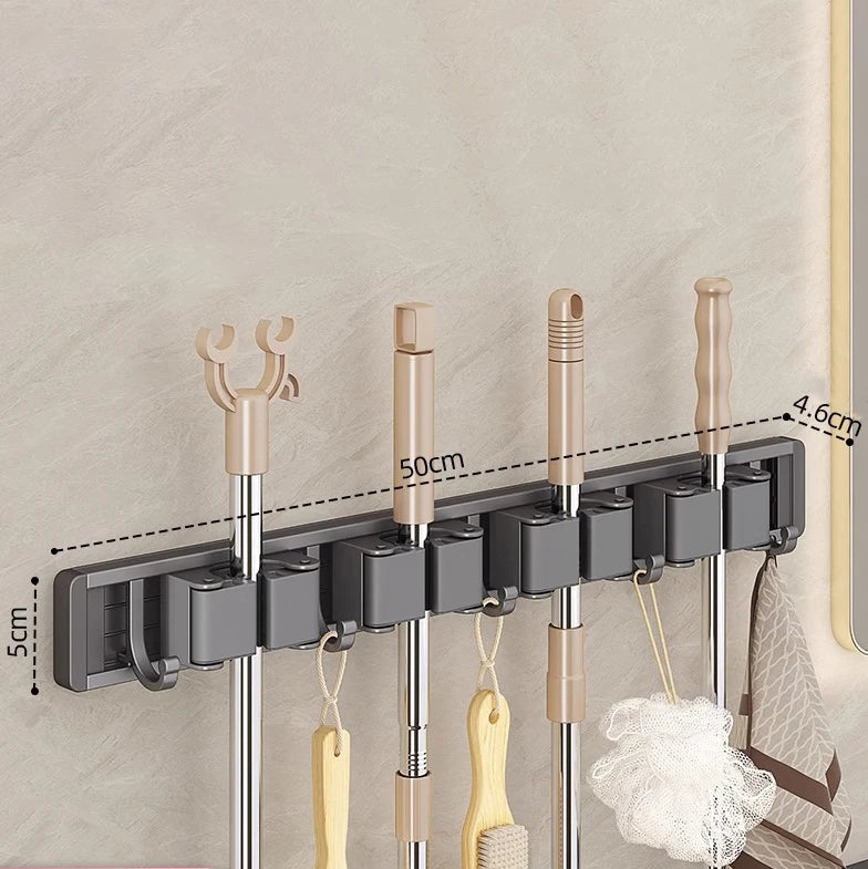 Wall Mounted Mop and Broom Holder Rack Aluminium Organiser with Hooks Adjustable Storage Shelf