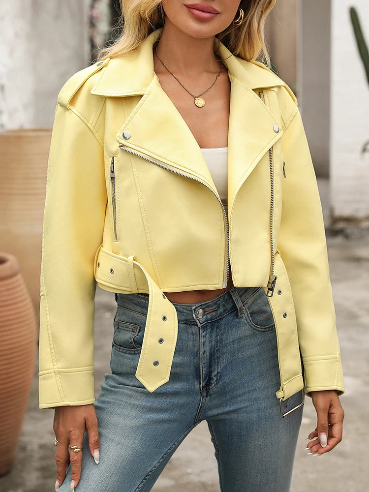 Women’s Chic Faux PU Leather Biker Jacket Belted Zip Moto Short Lapel All Seasons Wear