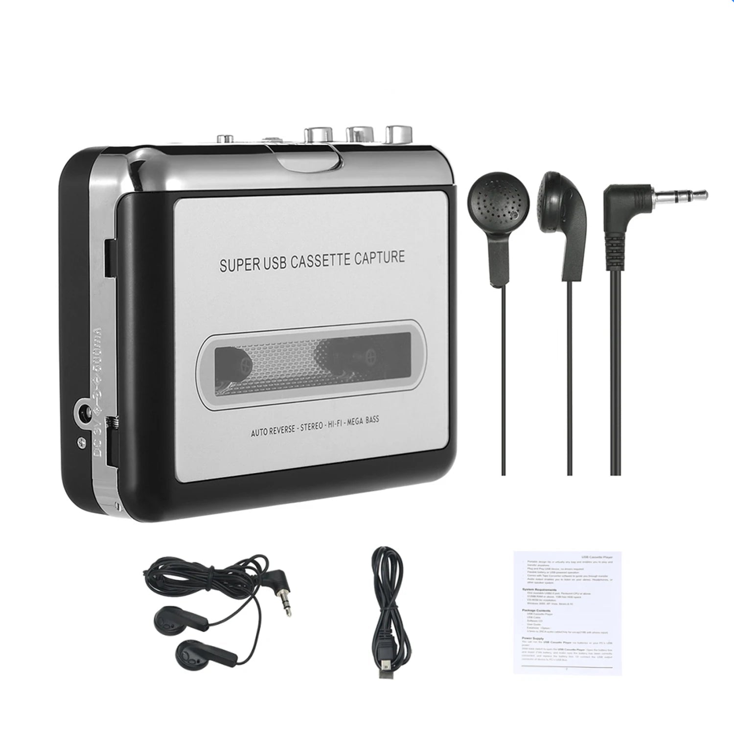 USB Cassette to MP3 Converter – Portable Tape Player with HiFi Sound, Mega Bass & Earphones