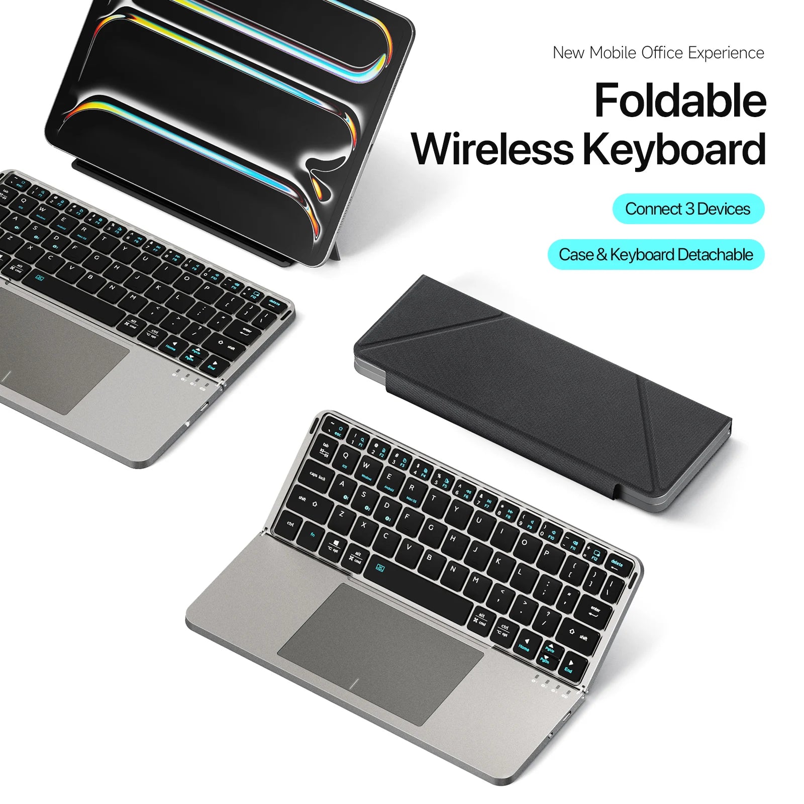 Foldable Bluetooth 5.0 Keyboard with Detachable Touchpad and Phone Holder for Tablets, Phones, PC